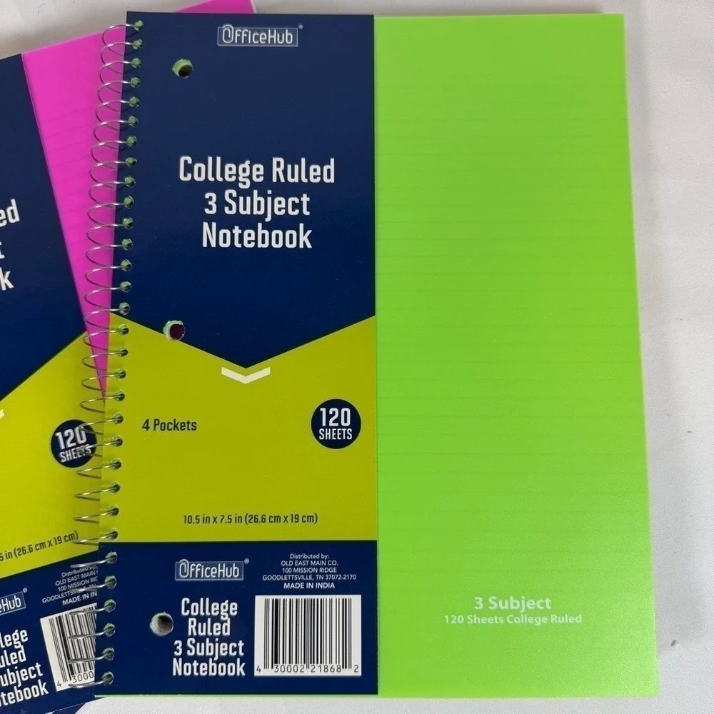 OfficeHub 3 Subject Spiral Notebooks College Ruled 120 Sheets 4 Pockets 3 Pack